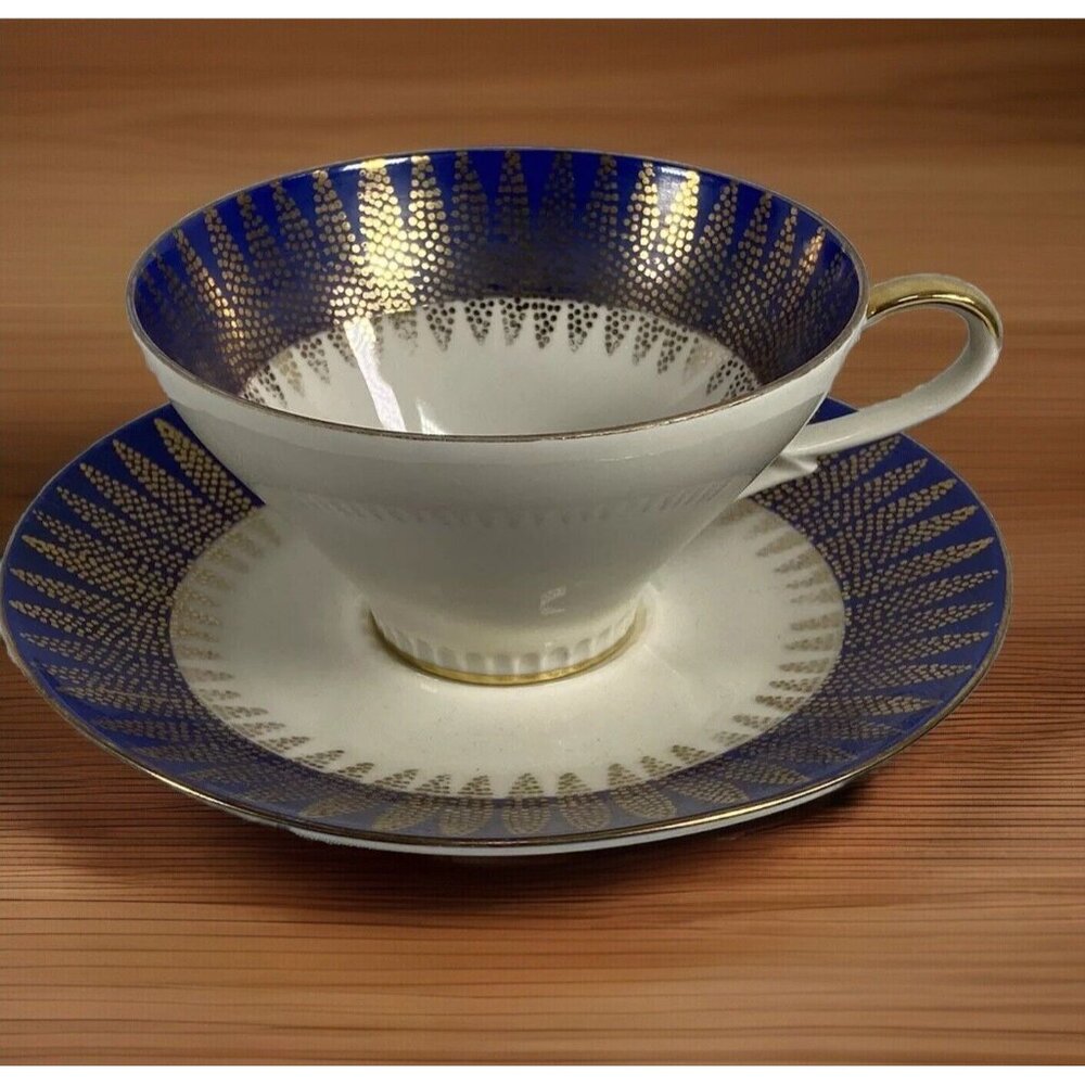 Mitterteich Bavaria 8757 57 TeaCup Saucer Cobalt Blue w Gold dots wheat grain